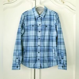 L.L. Bean Blue Plaid Flannel Fleece Lined Snap Front Top Shacket Pockets XS